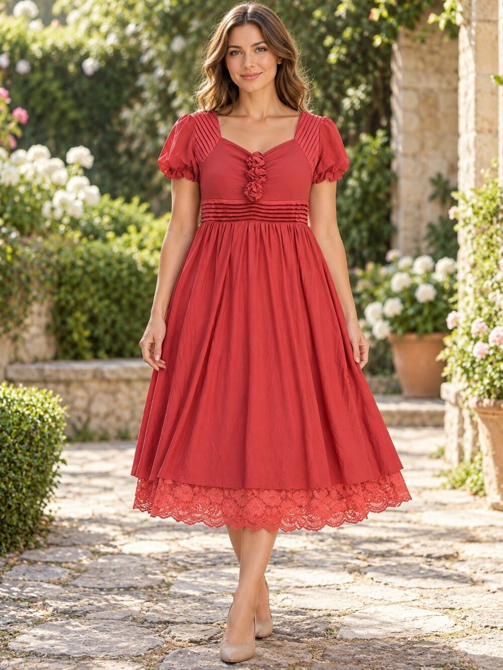ZOLA Women’s Red V-Neck Puff Sleeve Lace Hem Midi A-Line Empire Dress